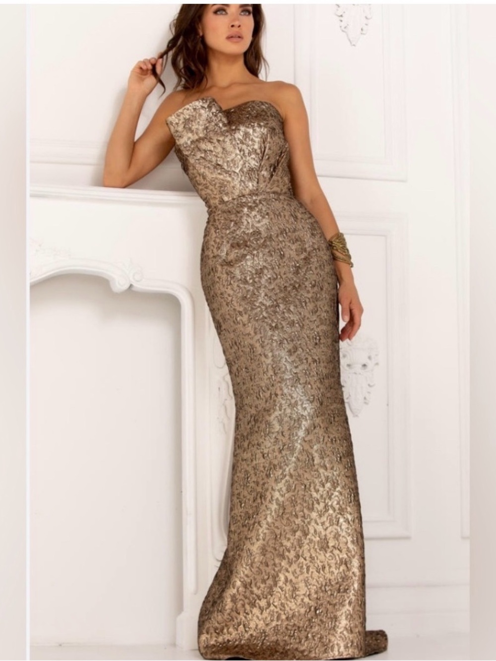 LUCCI Lu 1150 Bronze Gold Strapless Jacquard Formal Gown NWT Size 6 Prom